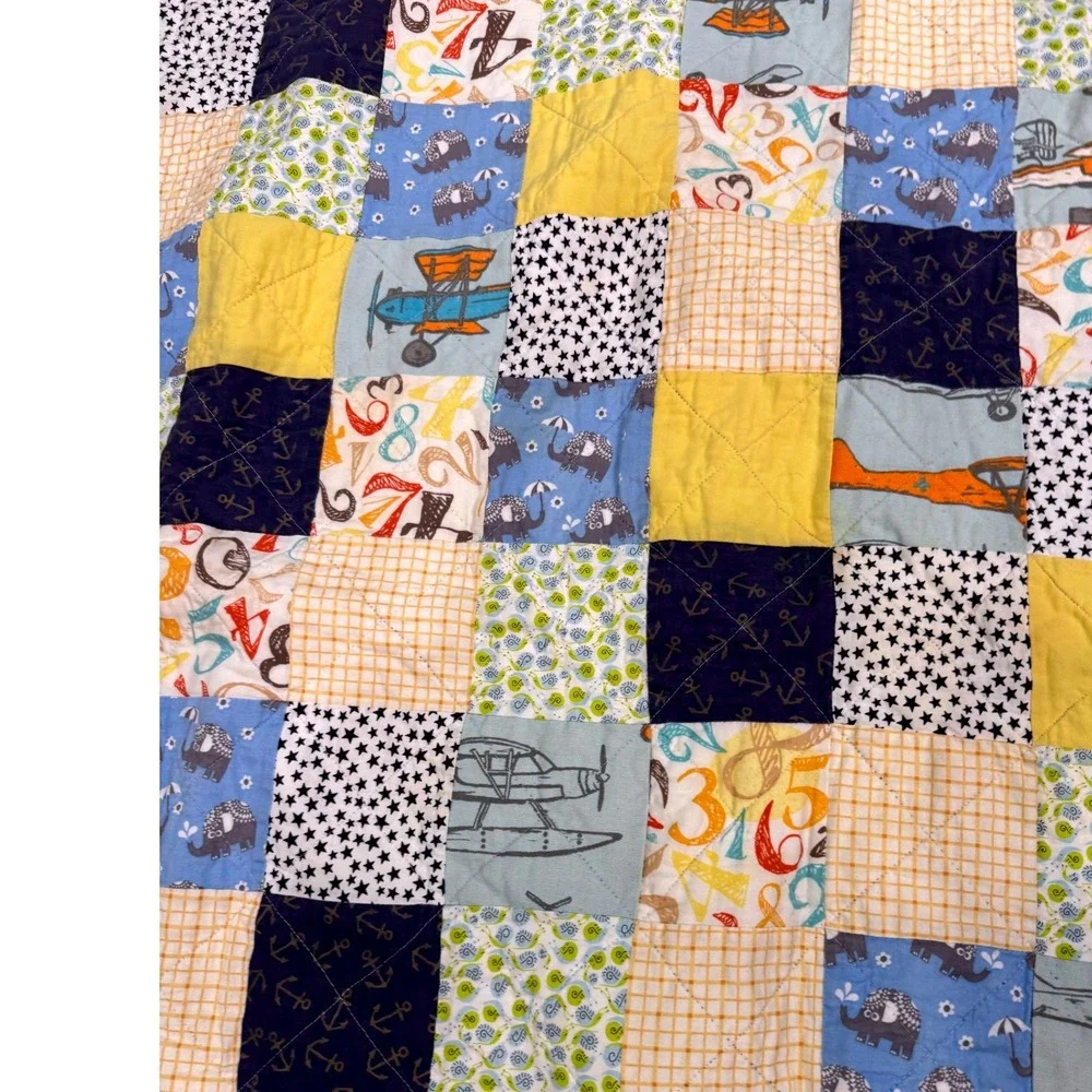 Handmade Baby Quilt Airplane Aviation Patchwork Minky Backing 40x39 Nursery